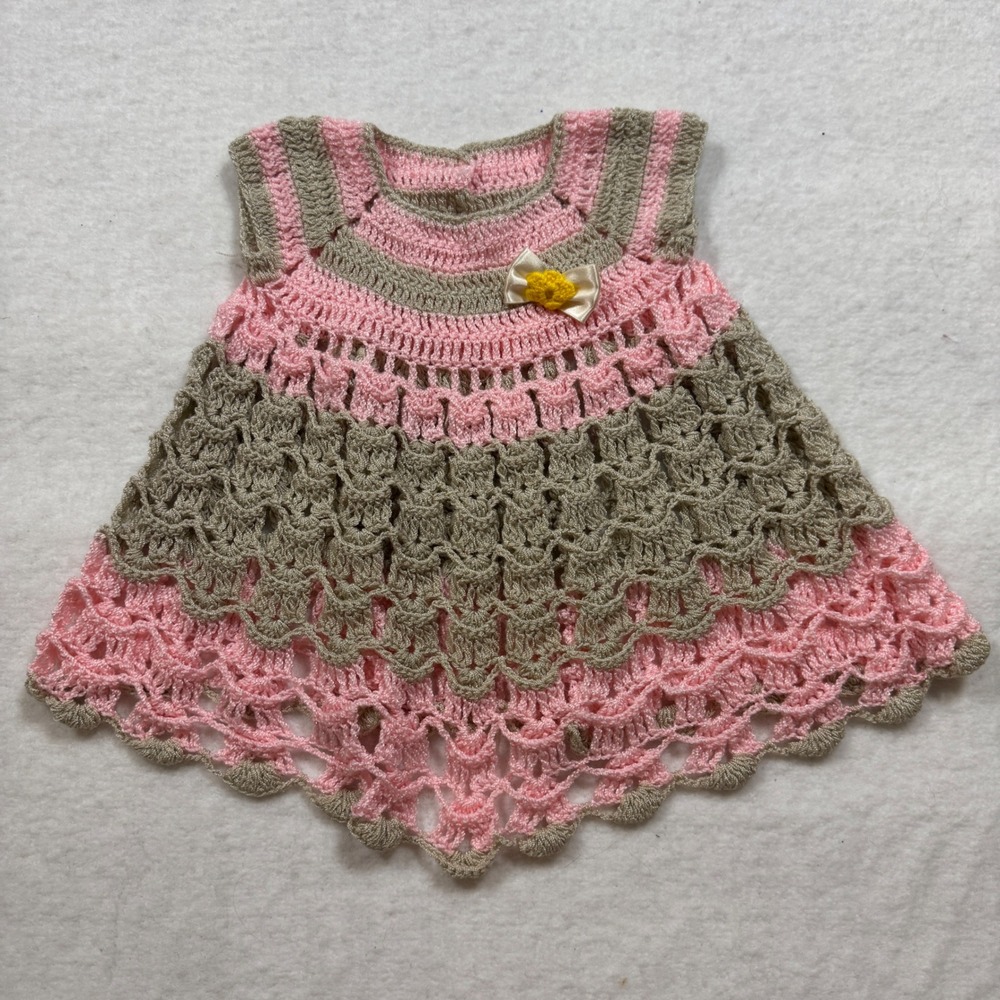 Handmade Crochet Baby Dress Pink Taupe Tiered Lace Bow‎ Sleeveless 6-9 Months